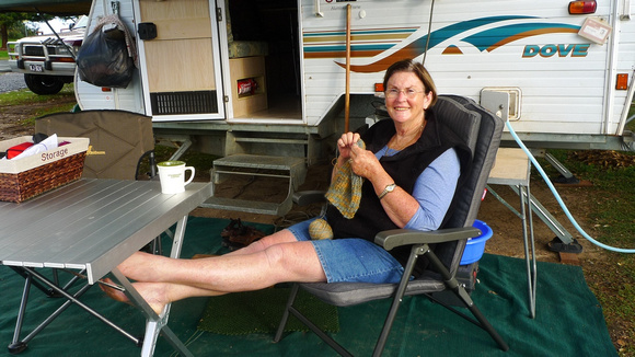 Maggie knitting at our camp