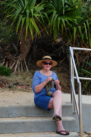 Beauty and the Beach, Maggie knitting on Red Rock beach